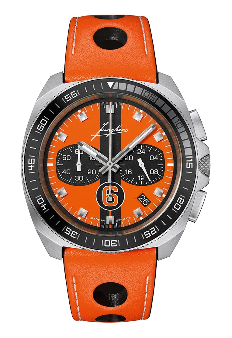 Junghans Herren Armbanduhr 1972 Chronoscope 041/4557.00 Sports Edition 2026 mit Lederband orange