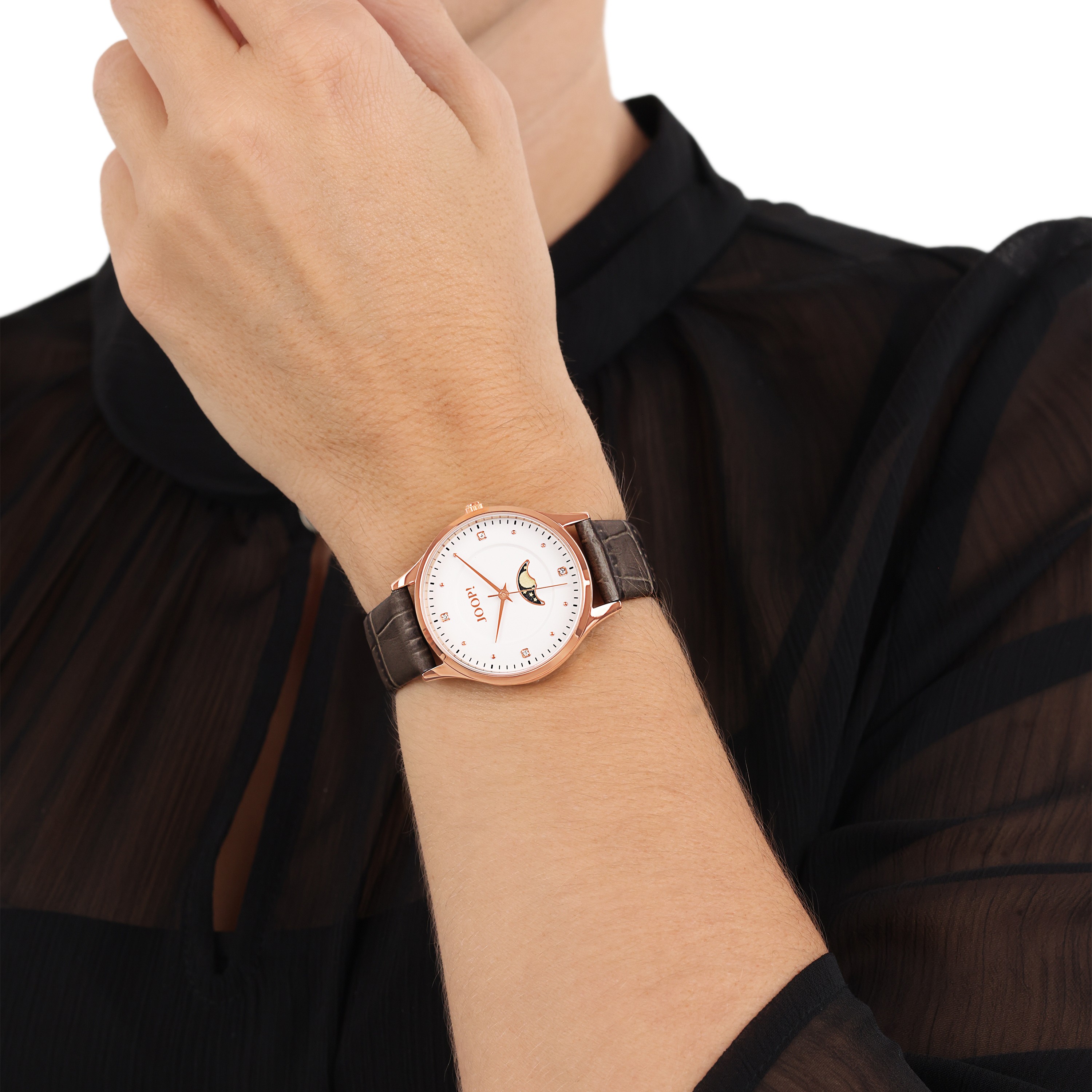 JOOP! Damen Armbanduhr Mondphase 2039574 Edelstahl roségold IP Lederband braun