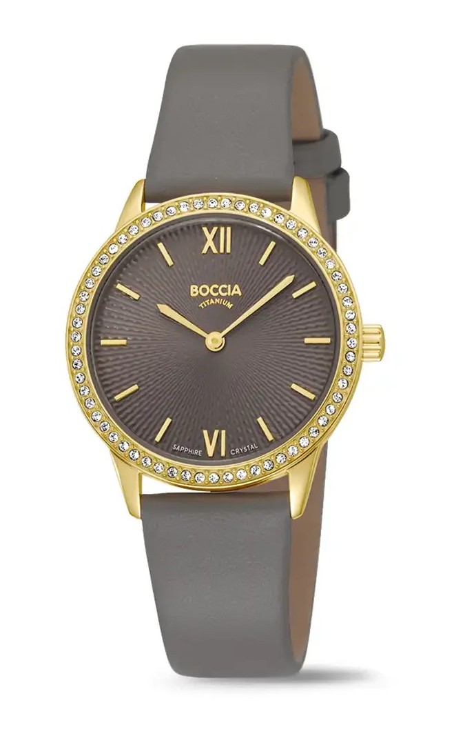Boccia Damen Armbanduhr Trend 3382-03 Titan goldplattiert mit Glaskristallen und Lederband taubengrau