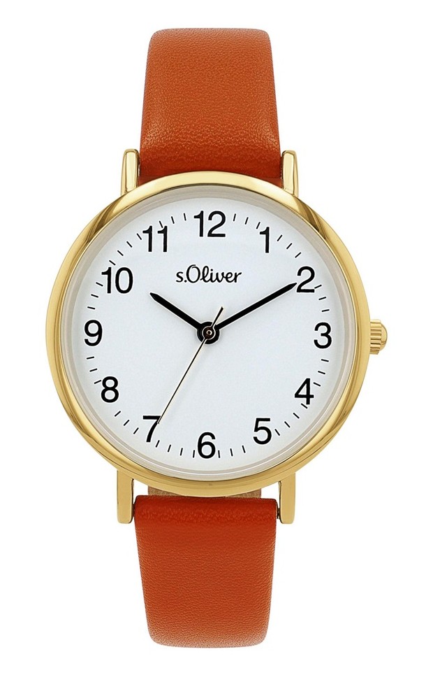 s.Oliver Damen Armbanduhr 2040119 gelbgold IP Kunstlederband orange