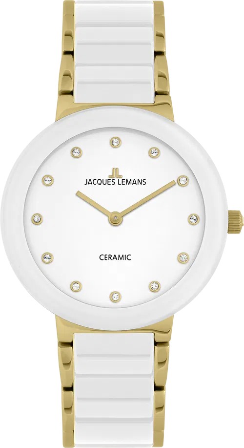 Jacques Lemans Damen Armbanduhr Monaco 42-7L Edelstahl IP Gold Keramik weiß