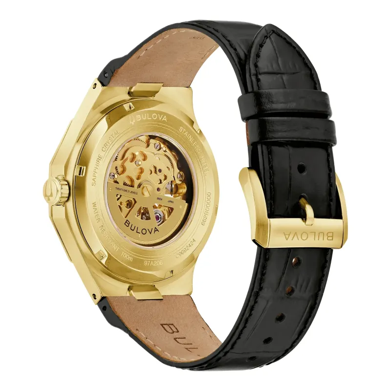 Bulova Herren Armbanduhr Misc Classic 97A206 Automatik Goldplattiert mit Lederband Schwarz