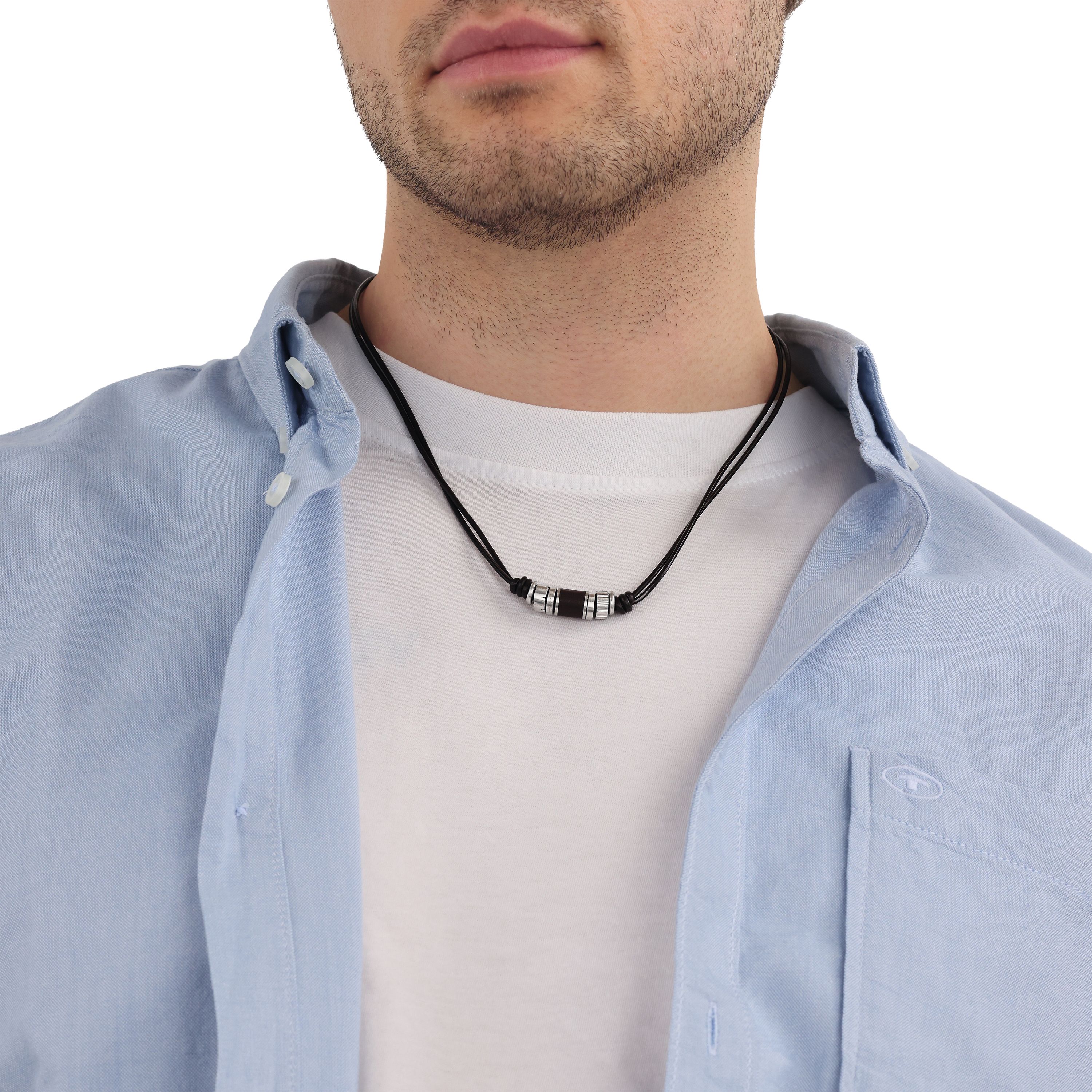 Tom Tailor Herren Halskette 2101413 Leder dunkelbraun mit Edelstahlbeads