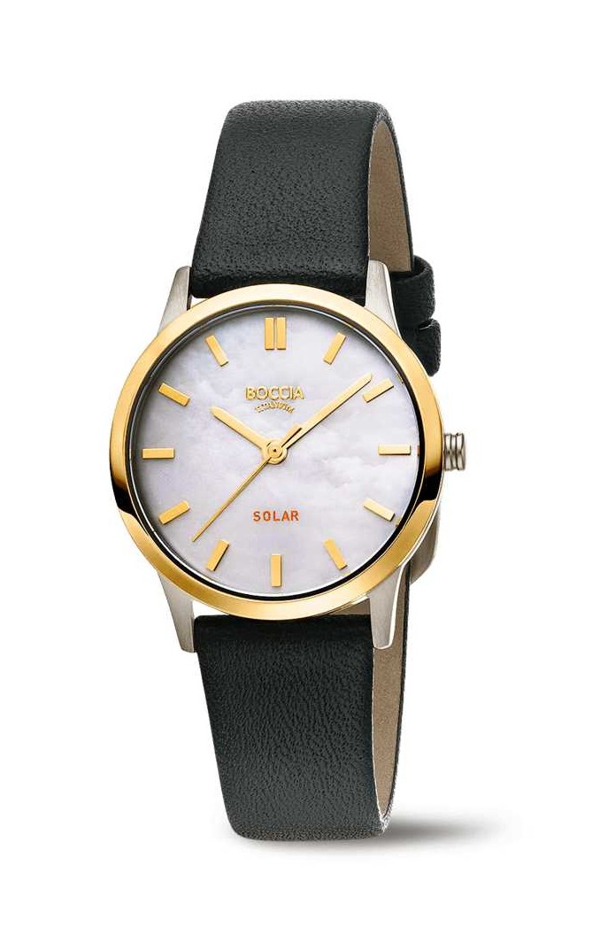 Boccia Damen Armbanduhr Solar 3363-02 Titan bicolor Lederband schwarz 