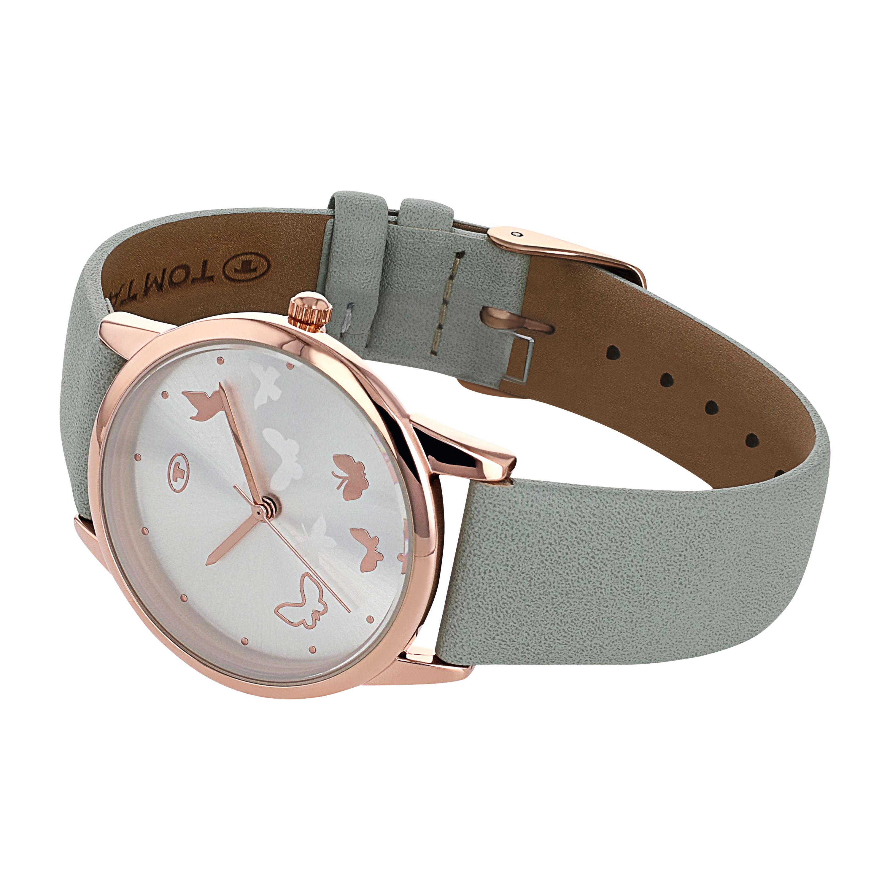 Tom Tailor Damen Armbanduhr 2100722 Schmetterlingmotiv Kunstlederband pastellgrün