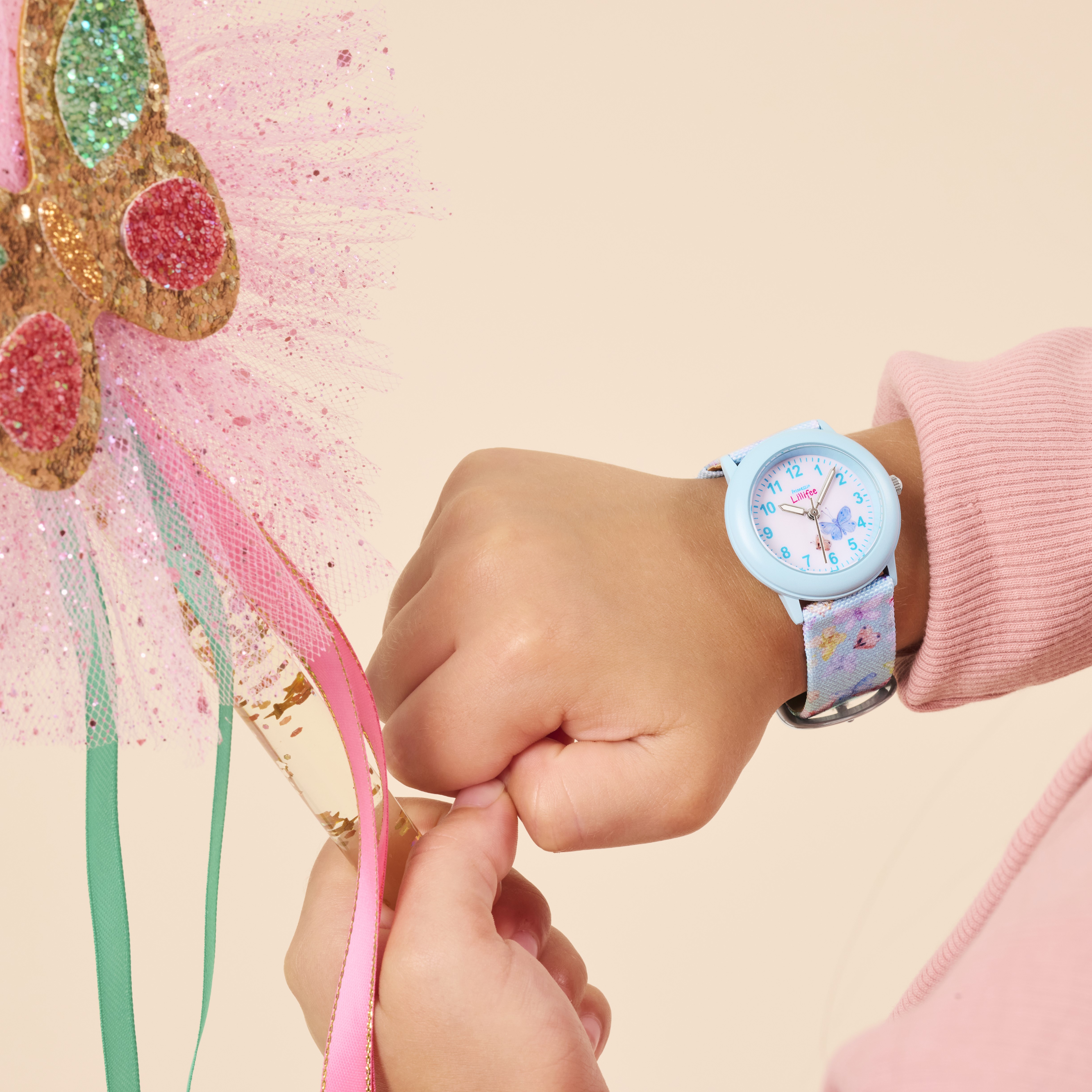 Prinzessin Lillifee Mädchen Armbanduhr 2037732 Textilband Schmetterlinge hellblau