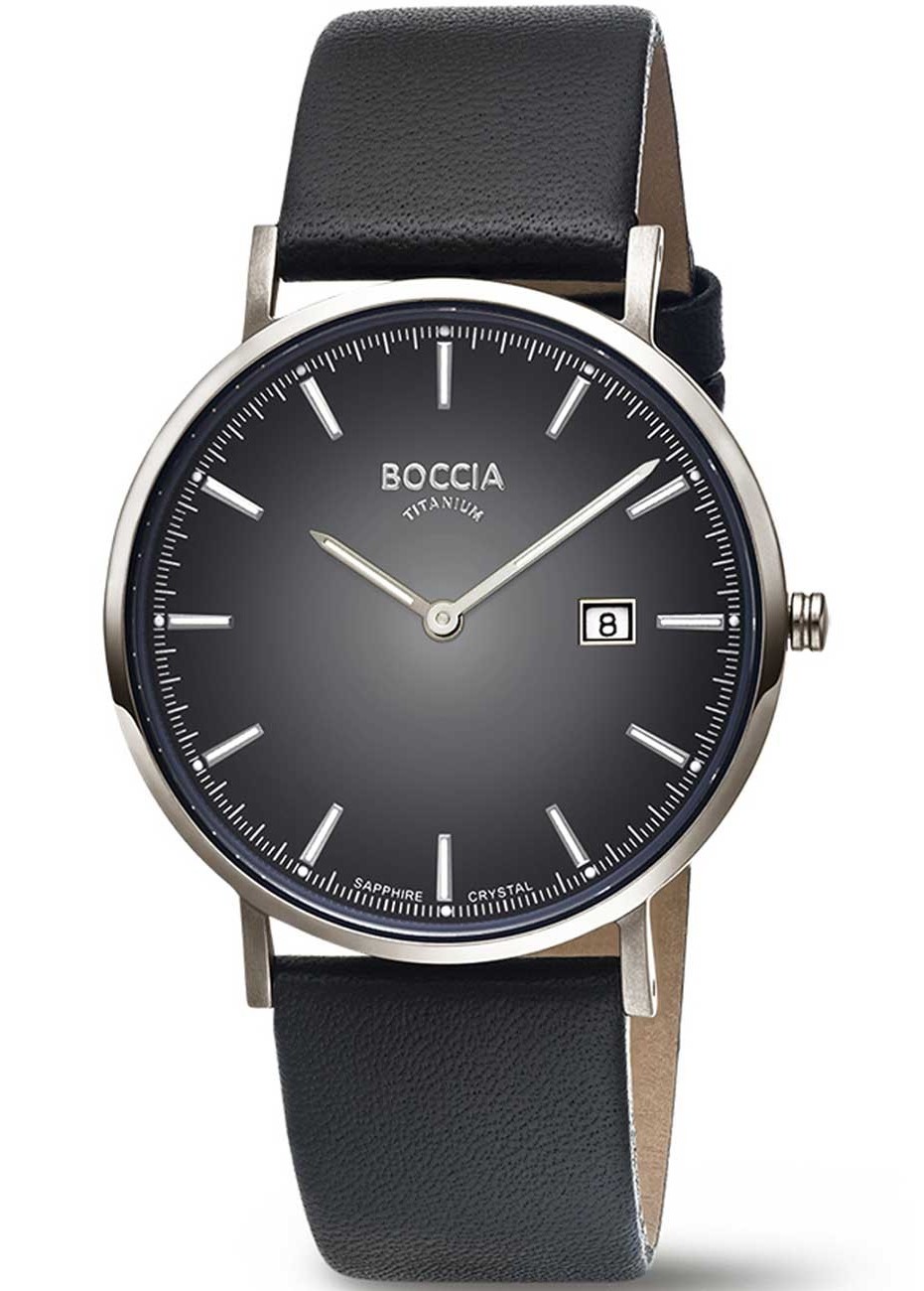 Boccia Herren Armbanduhr Slim 3648-04 Reintitan Lederband schwarz
