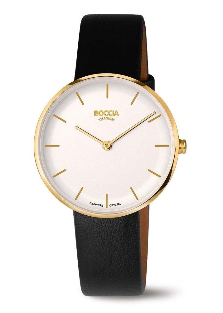 Boccia Damen Armbanduhr 3327-04 Trend Titan gelbgold IP Lederband vegan schwarz