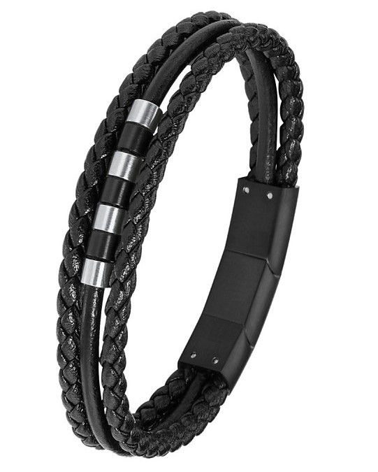 s.Oliver Jungen Armband 2018842 Edelstahl Leder schwarz