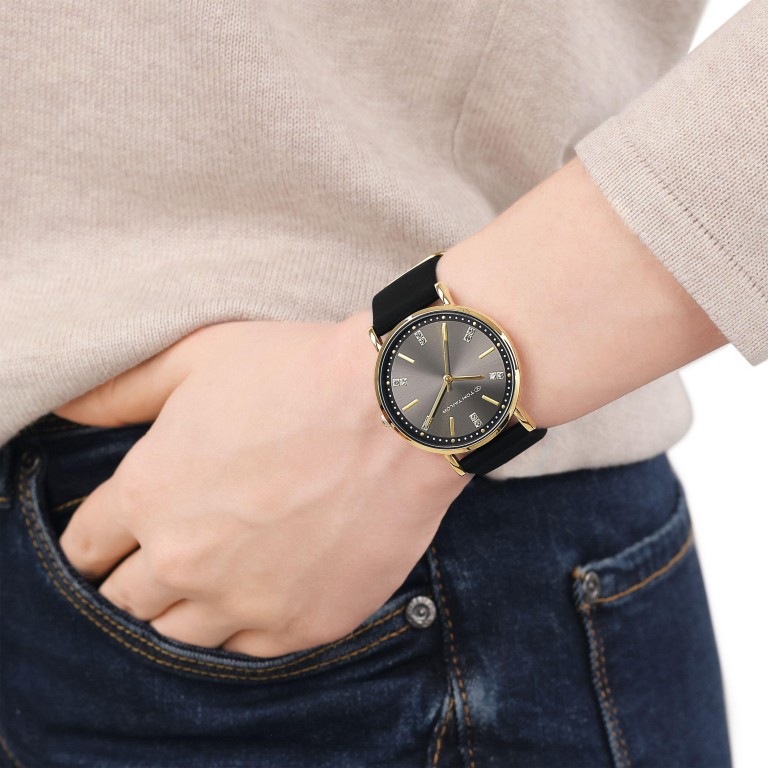 Tom Tailor Damen Armbanduhr 2100501 Gelbgold IP Silikonband schwarz