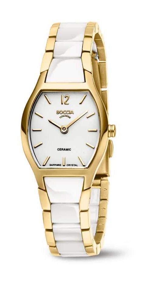 Boccia Damen Armbanduhr 3361-03 Ceramic weiß Titan gelbgold IP