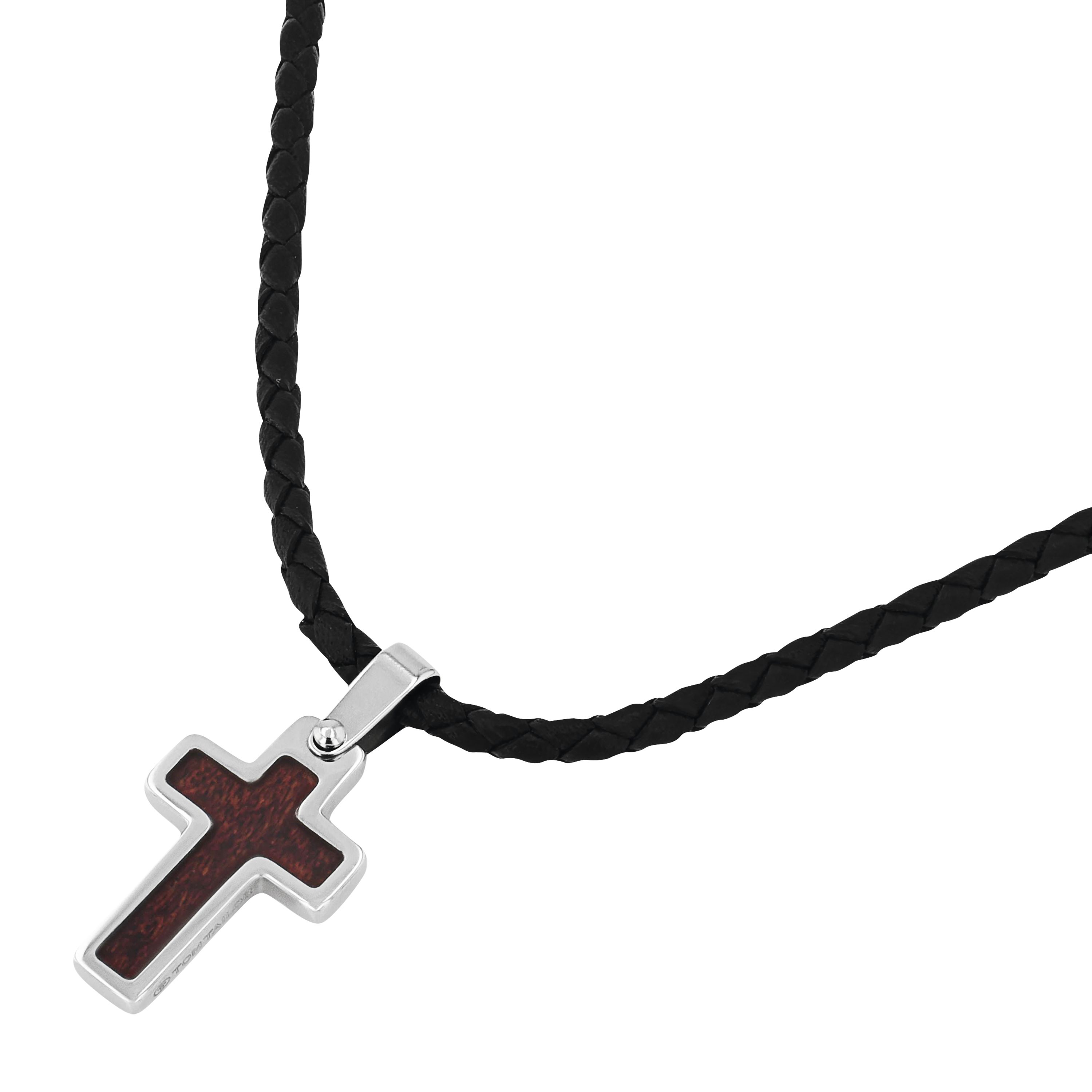 Tom Tailor Jungen Halskette 2101425 Leder braun mit Kreuzanhänger Edelstahl