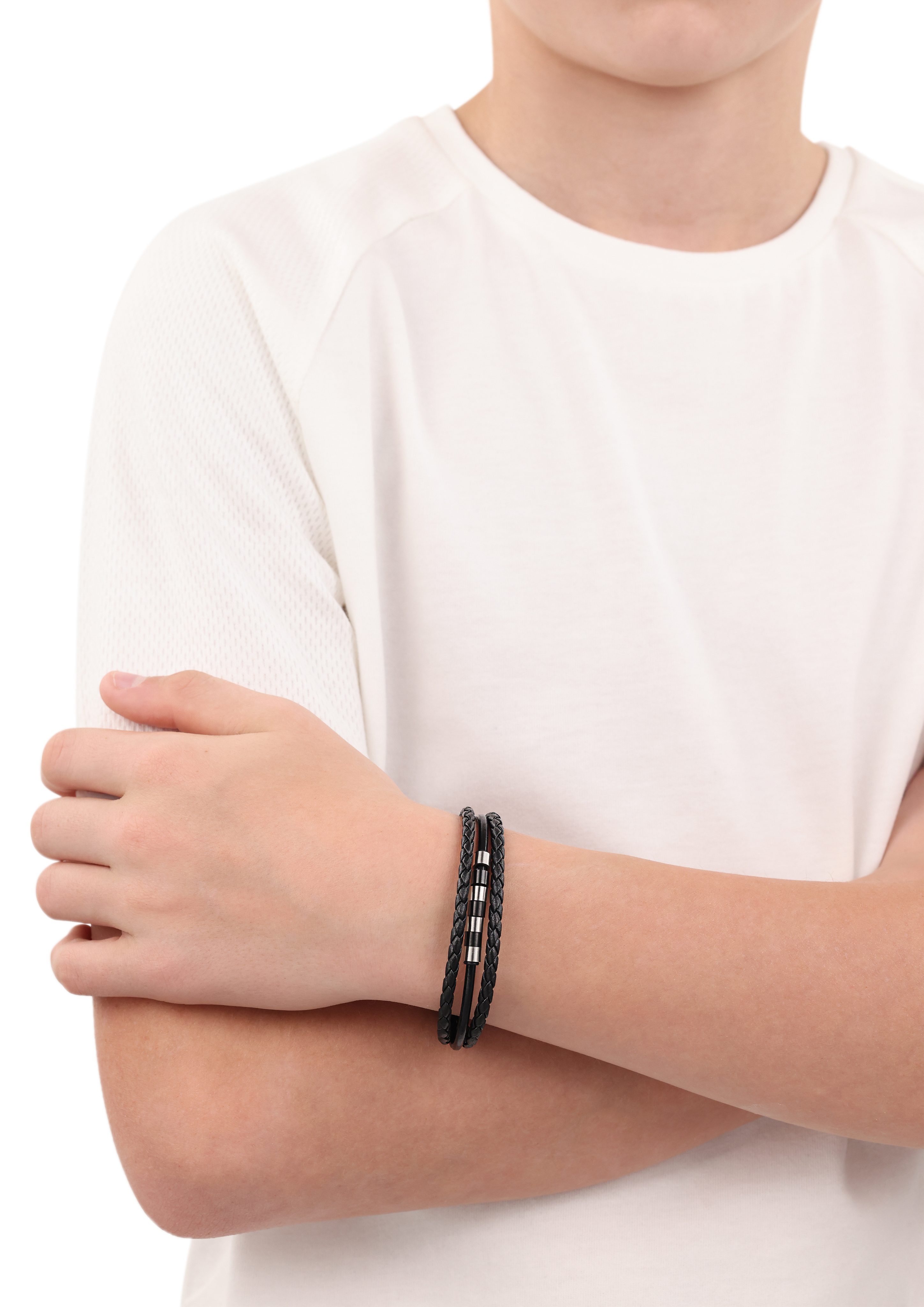 s.Oliver Jungen Armband 2018842 Edelstahl Leder schwarz