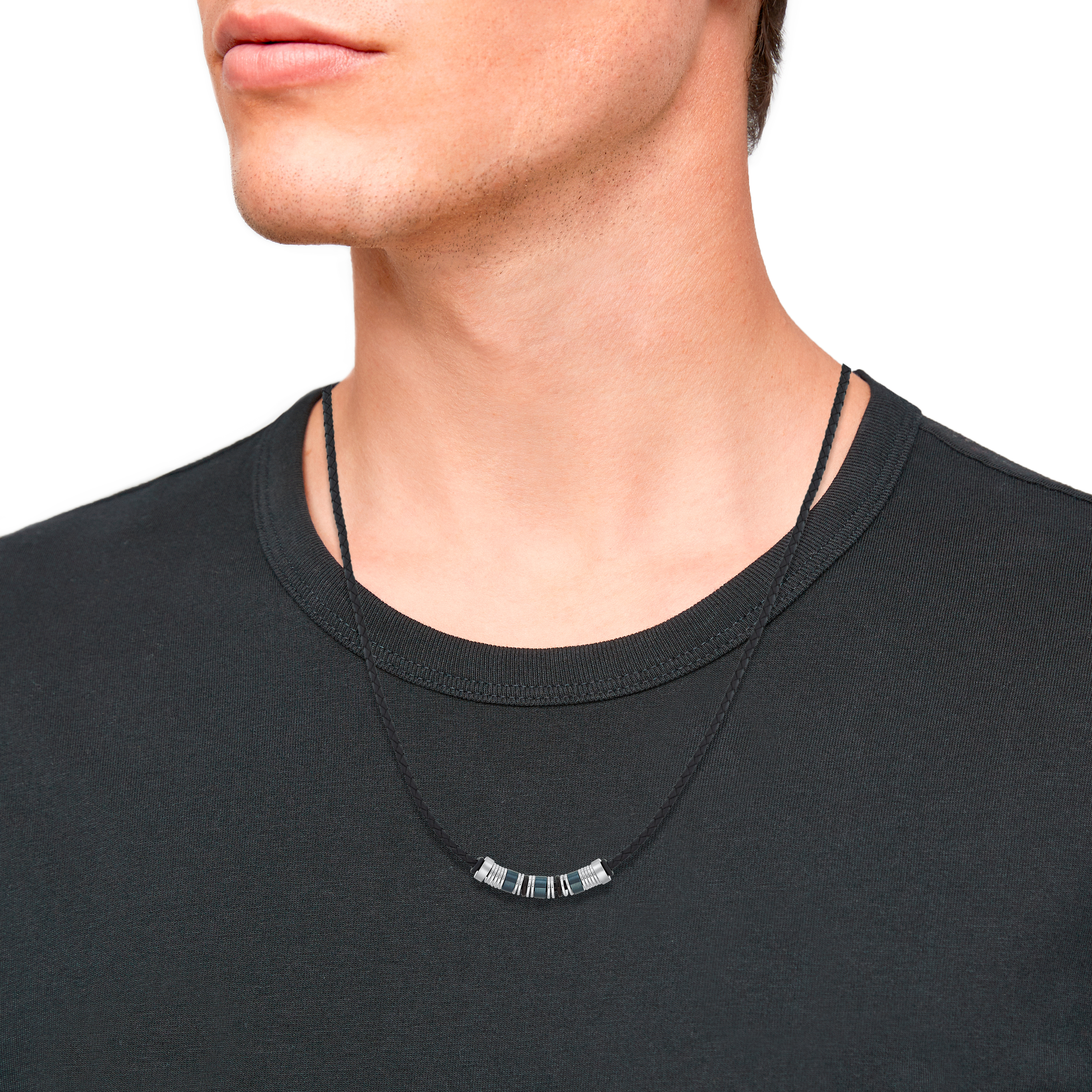 s.Oliver Herren Halskette 2031474 Leder schwarz Edelstahlbeads blau