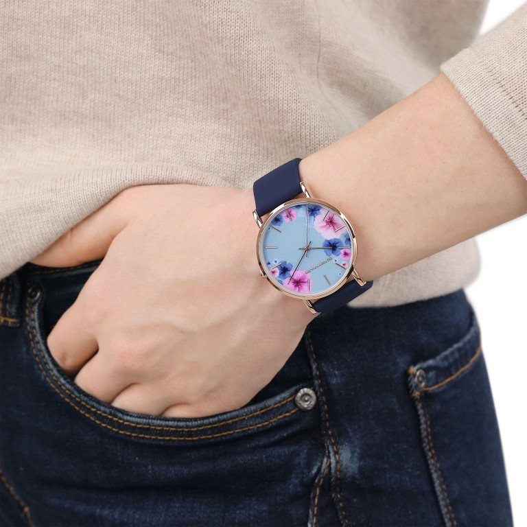 Tom Tailor Damen Armbanduhr 2100506 Blumenmotiv Roségold IP Silikonband dunkelblau