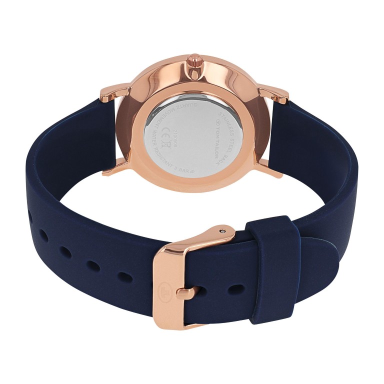 Tom Tailor Damen Armbanduhr 2100506 Blumenmotiv Roségold IP Silikonband dunkelblau