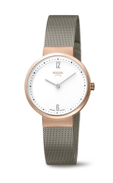 Boccia Damen Armbanduhr Slim 3283-06 Reintitan roségoldplattiert mit grauem Edelstahlmilanaiseband