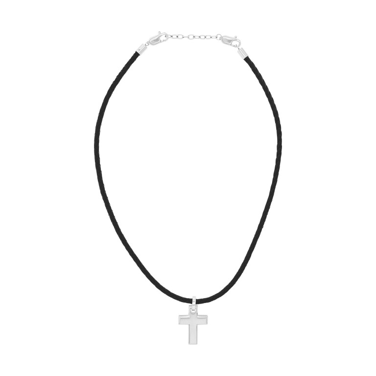 Tom Tailor Herren Halskette 2100699 Leder geflochten Schwarz mit Anhänger Kreuz Edelstahl