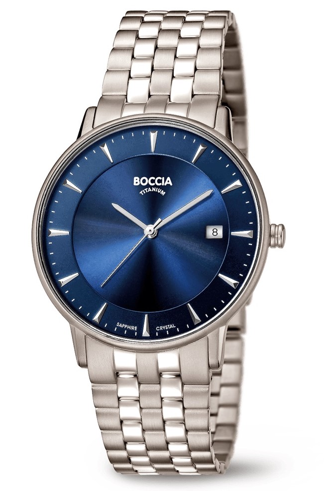 Boccia Herren Armbanduhr Slim 3607-03 Reintitan mit dunkelblauem Sunray-Zifferblatt