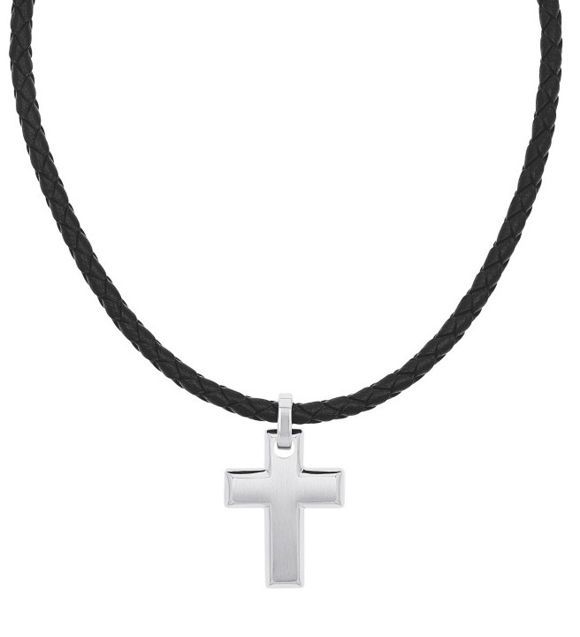Tom Tailor Herren Halskette 2100699 Leder geflochten Schwarz mit Anhänger Kreuz Edelstahl