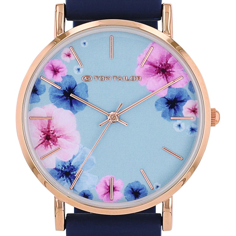 Tom Tailor Damen Armbanduhr 2100506 Blumenmotiv Roségold IP Silikonband dunkelblau