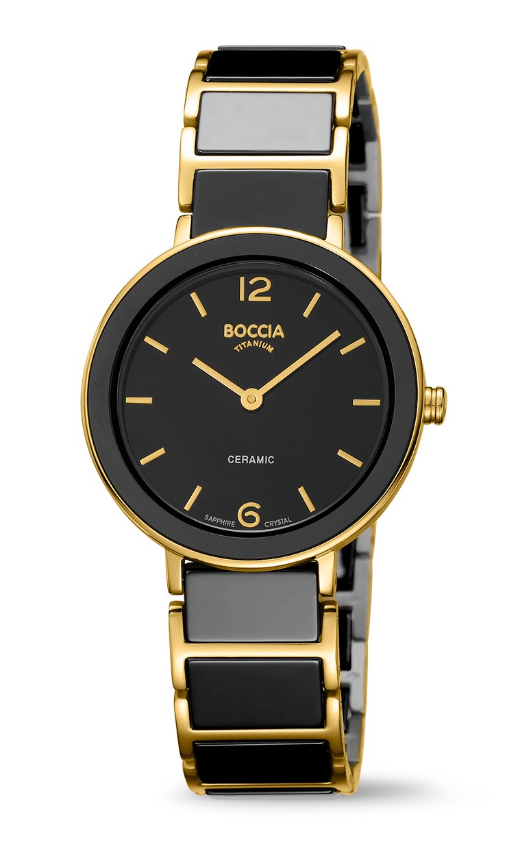 Boccia Damen Armbanduhr 3311-04 Reintitan goldplattiert Ceramic schwarz