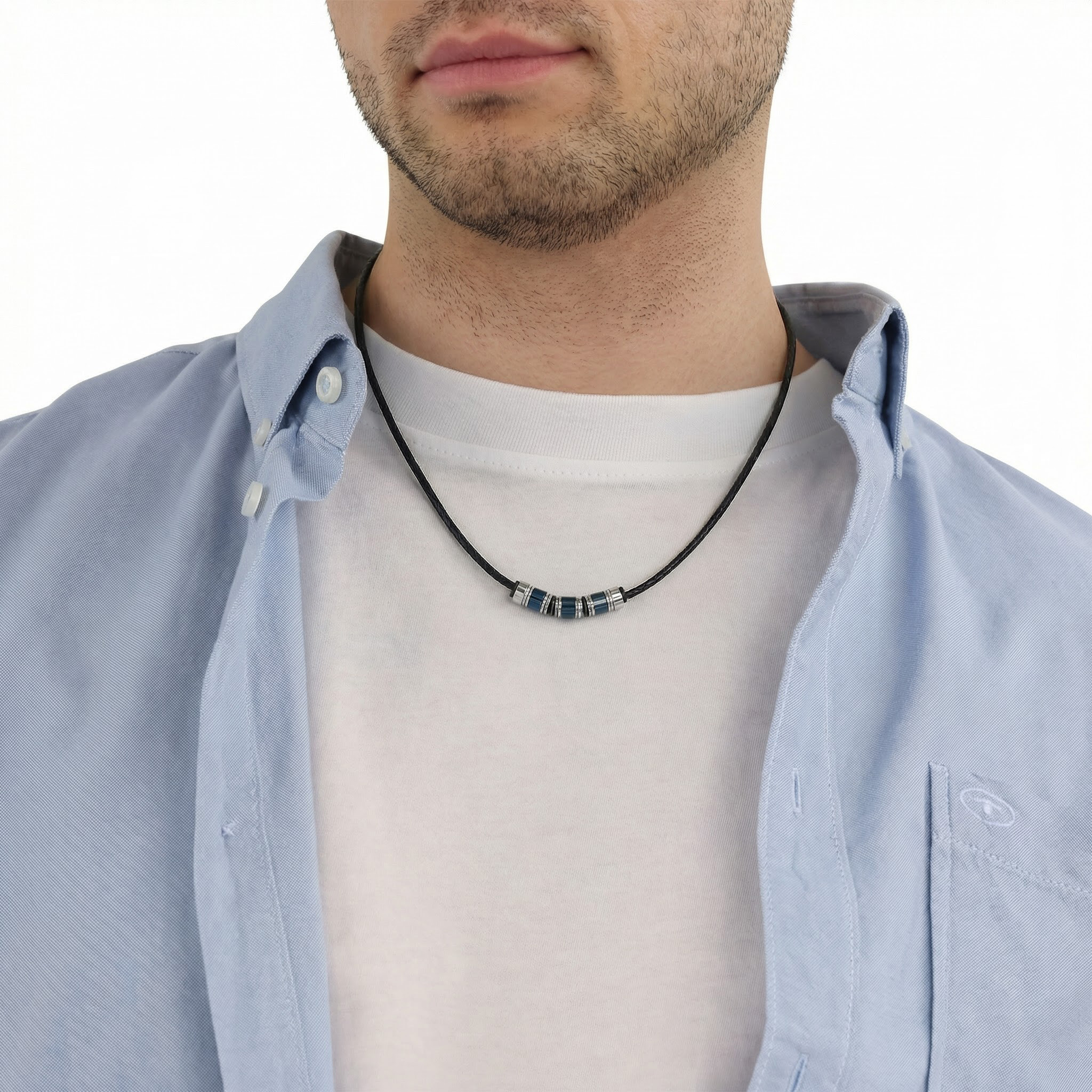 Tom Tailor Herren Halskette 2100550 Leder schwarz Edelstahlbeads blau