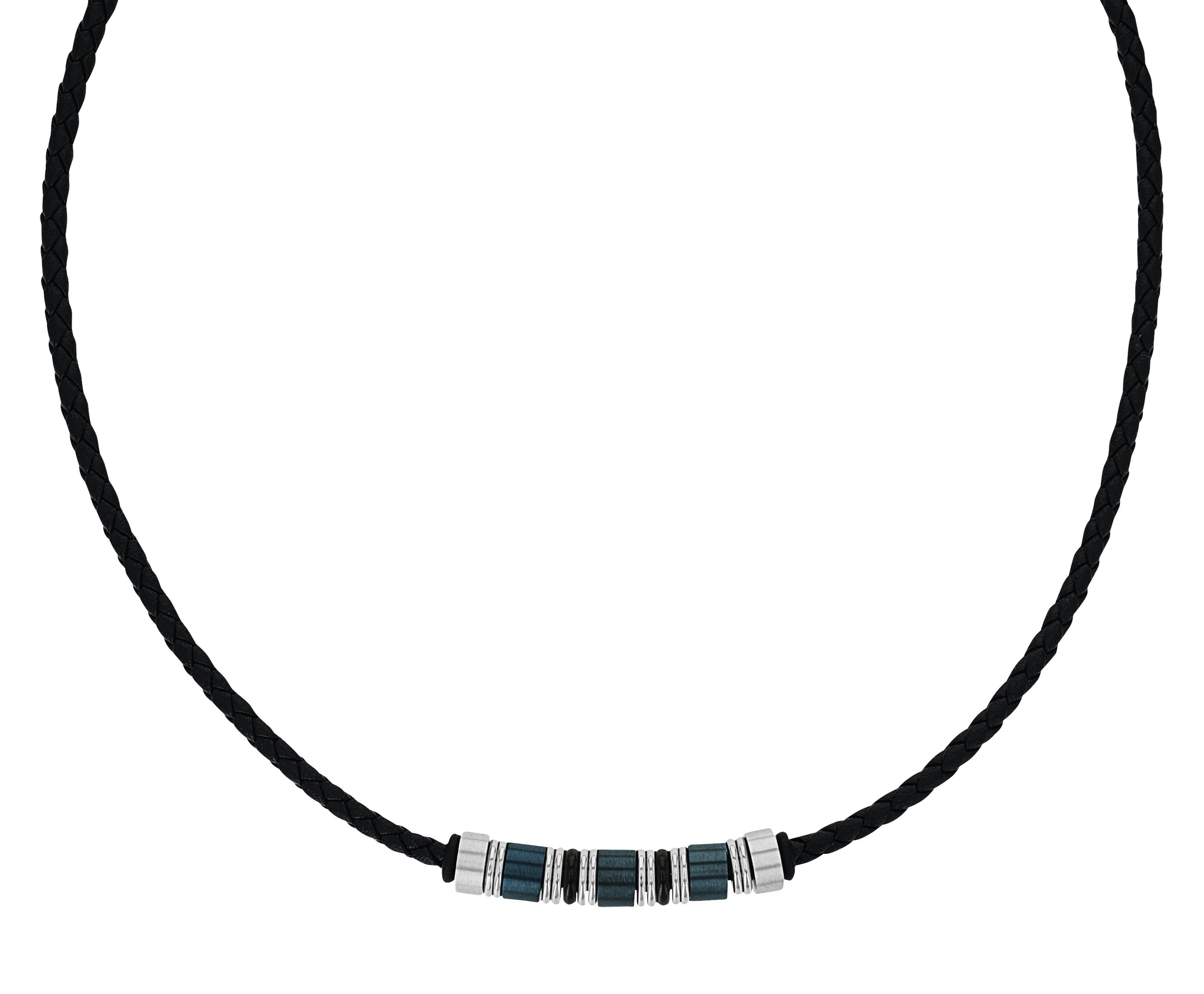 Tom Tailor Herren Halskette 2100550 Leder schwarz Edelstahlbeads blau