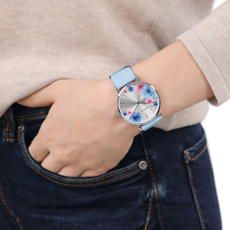 Tom Tailor Damen Armbanduhr 2100507 Blumenmotiv Silber IP Silikonband hellblau