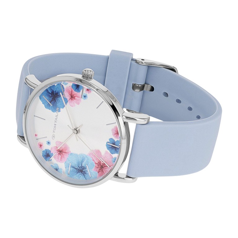 Tom Tailor Damen Armbanduhr 2100507 Blumenmotiv Silber IP Silikonband hellblau