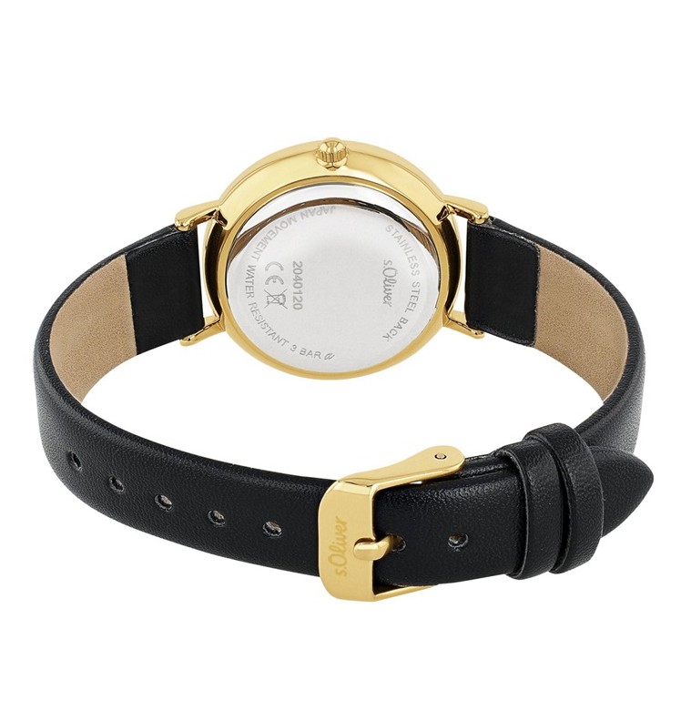 s.Oliver Damen Armbanduhr 2040120 gelbgold IP Kunstlederband schwarz
