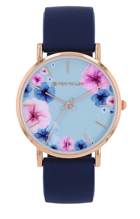 Tom Tailor Damen Armbanduhr 2100506 Blumenmotiv Roségold IP Silikonband dunkelblau
