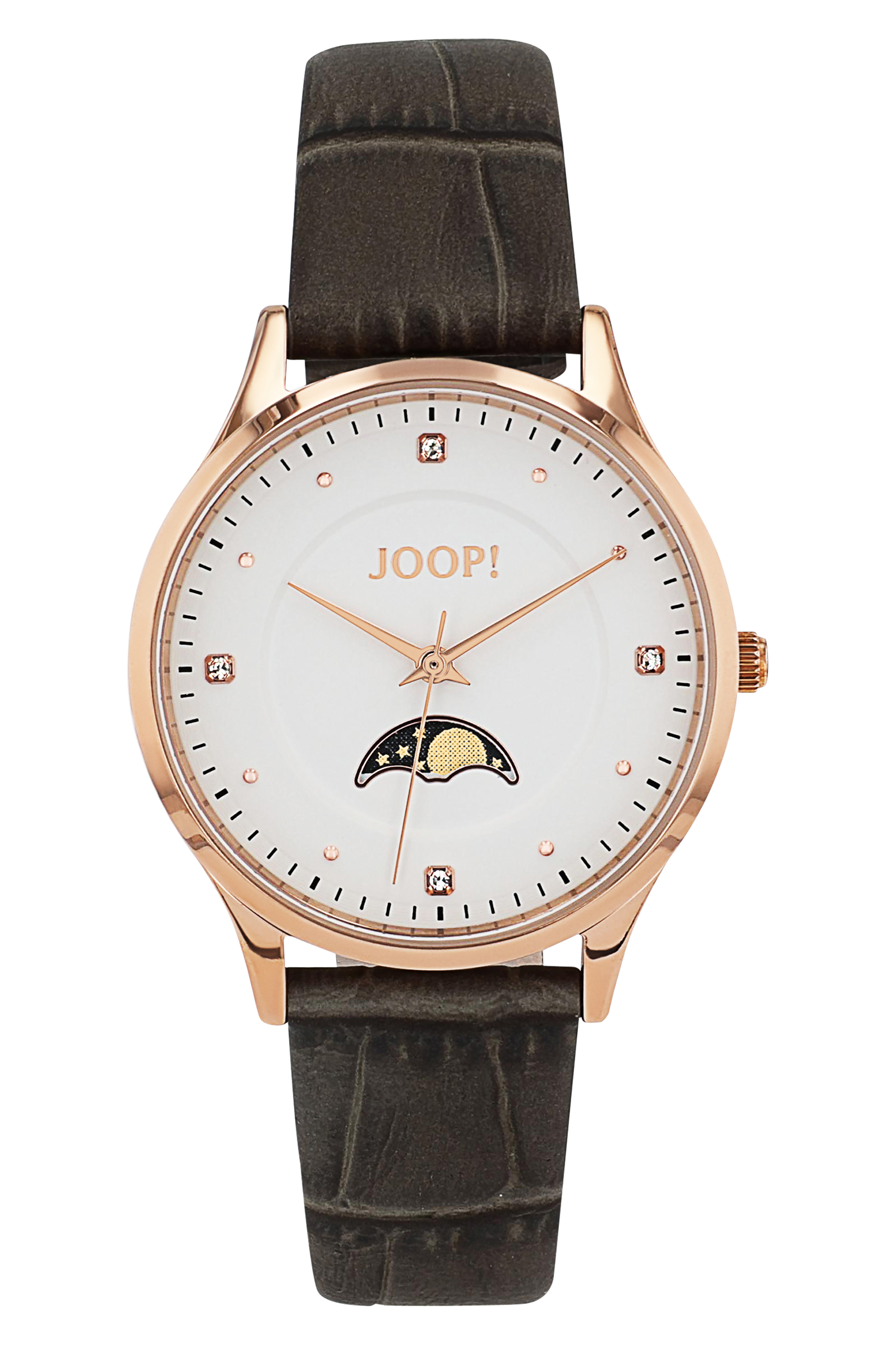 JOOP! Damen Armbanduhr Mondphase 2039574 Edelstahl roségold IP Lederband braun