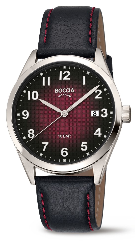 Boccia Herren Armbanduhr 3682-03 Classic Titan Dégradé-Zifferblatt und Lederband Schwarz-bordeauxrot