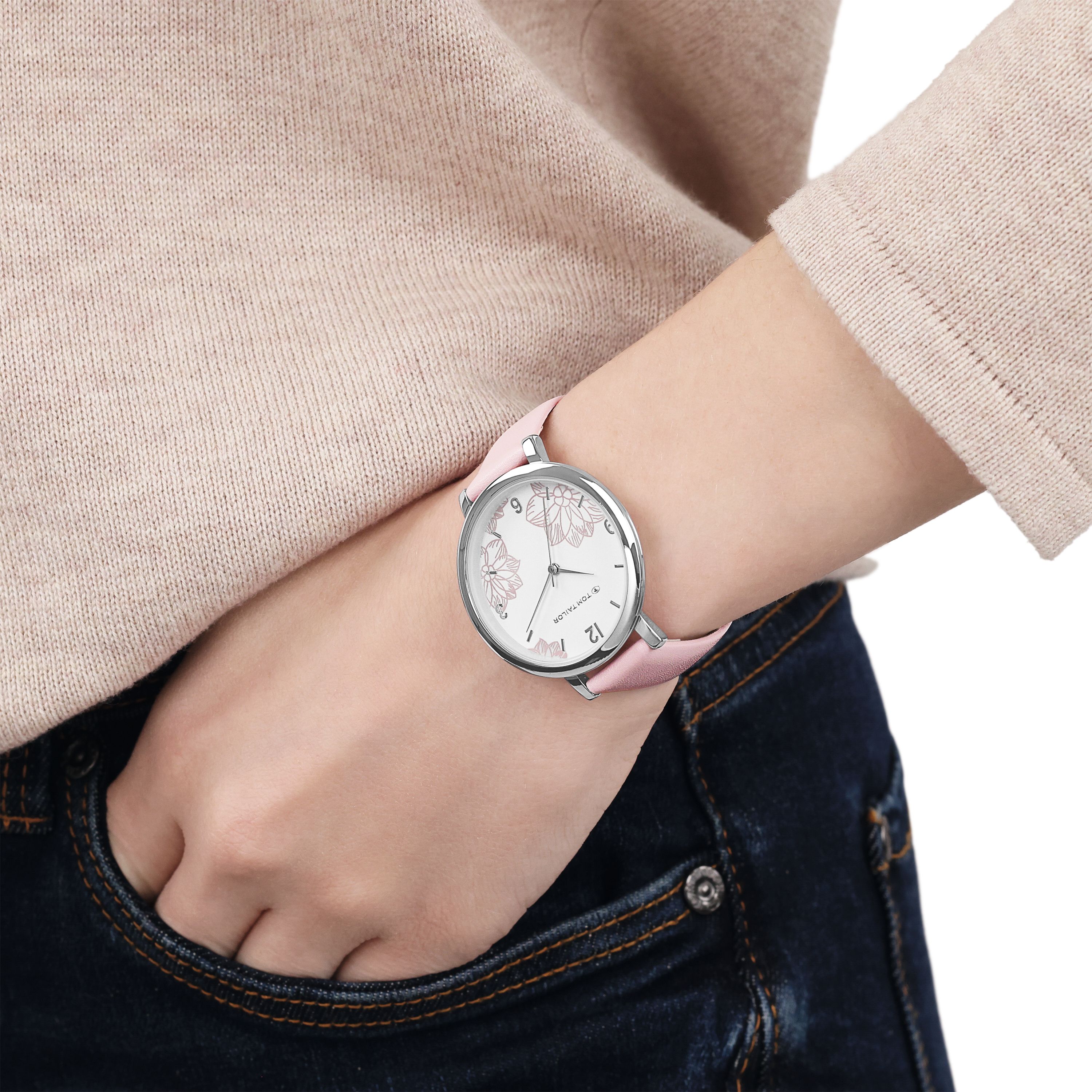 Tom Tailor Damen Armbanduhr 2100724 Blumenmotiv und rosa Kunstlederband