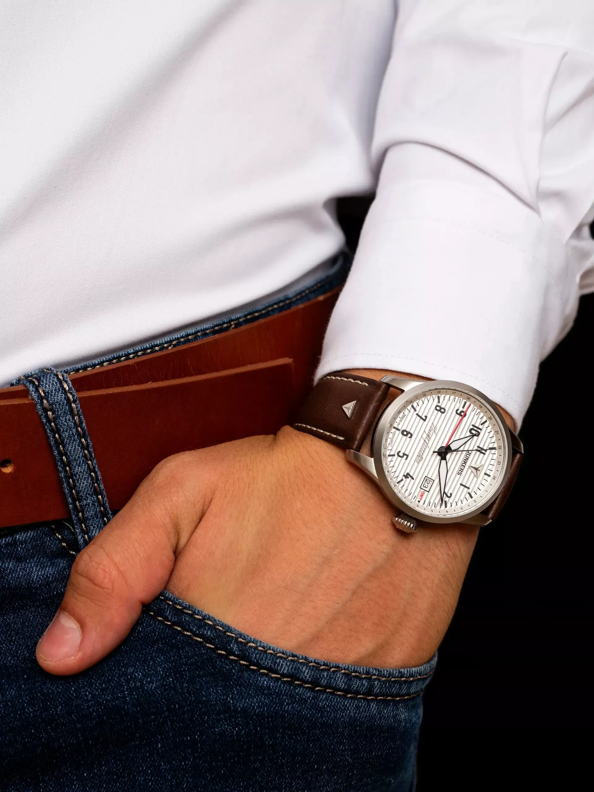 Junkers Herren Armbanduhr Automatik 9.58.04.03 Hugo Junkers GMT Lederband braun