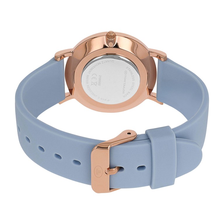 Tom Tailor Damen Armbanduhr 2100502 Roségold IP Silikonband hellblau