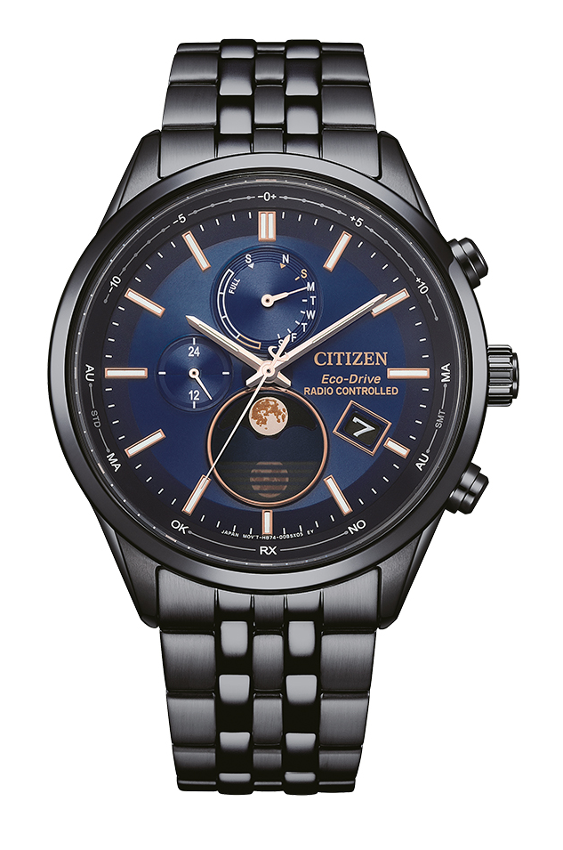 Citizen Herren Armbanduhr BY1035-56L Funk Solar mit Mondphase Edelstahl schwarz IP