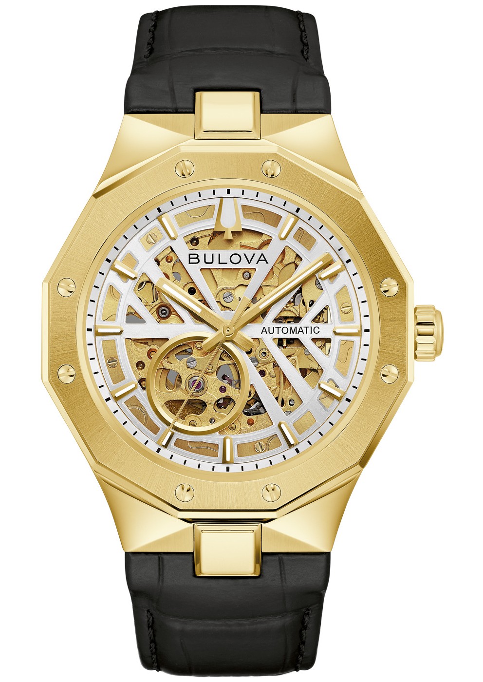 Bulova Herren Armbanduhr Misc Classic 97A206 Automatik Goldplattiert mit Lederband Schwarz