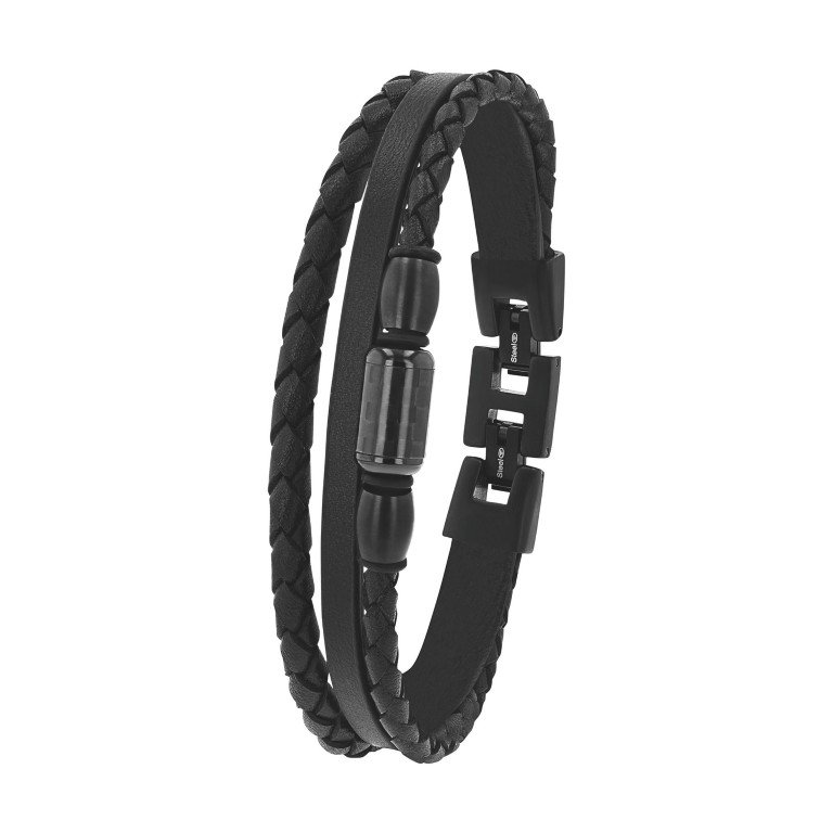 Tom Tailor Herren Armband 2100692 Leder Carbon Edelstahl schwarz