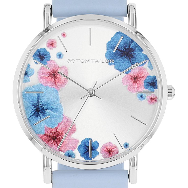 Tom Tailor Damen Armbanduhr 2100507 Blumenmotiv Silber IP Silikonband hellblau