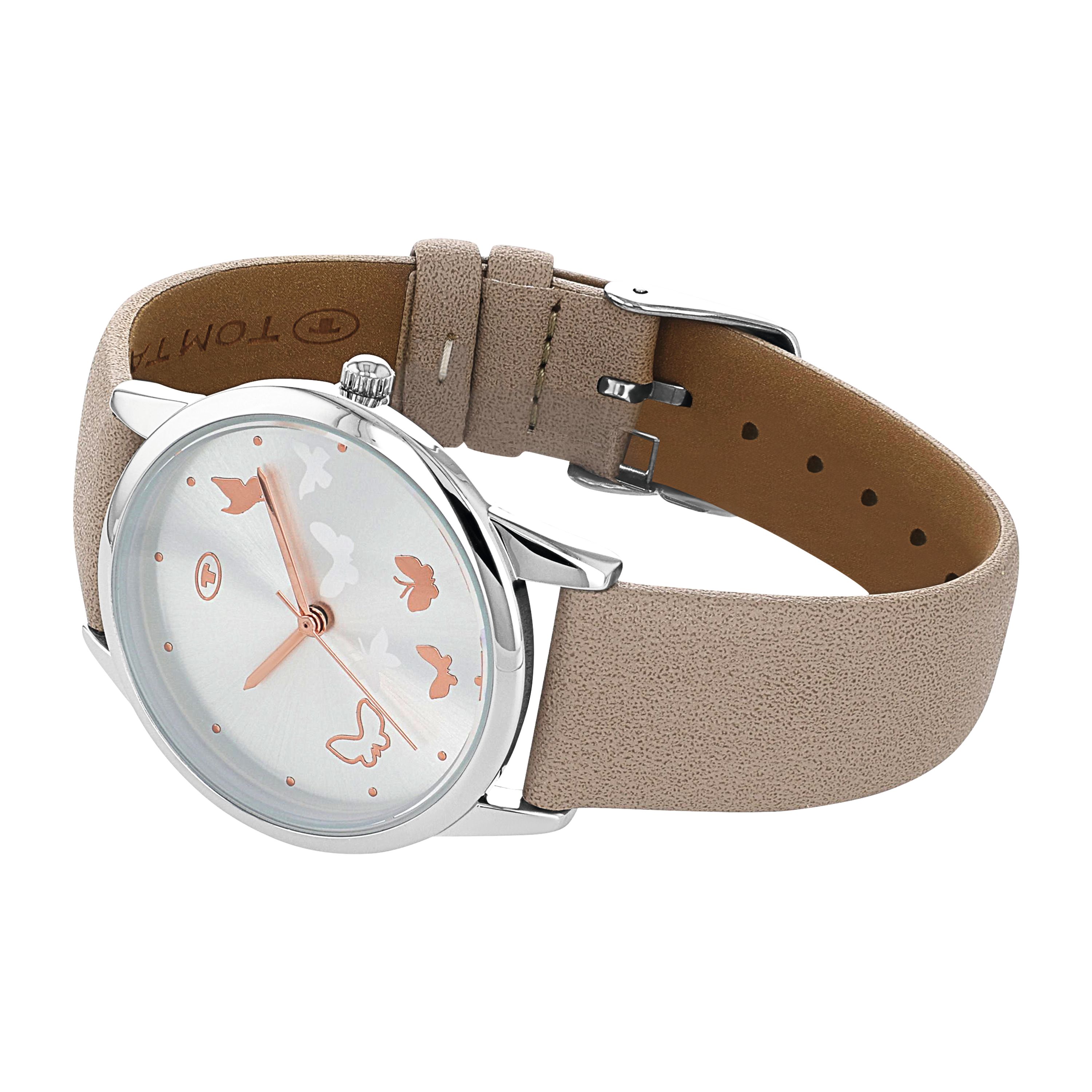 Tom Tailor Damen Armbanduhr 2100721 Schmetterlingmotiv Kunstlederband beige