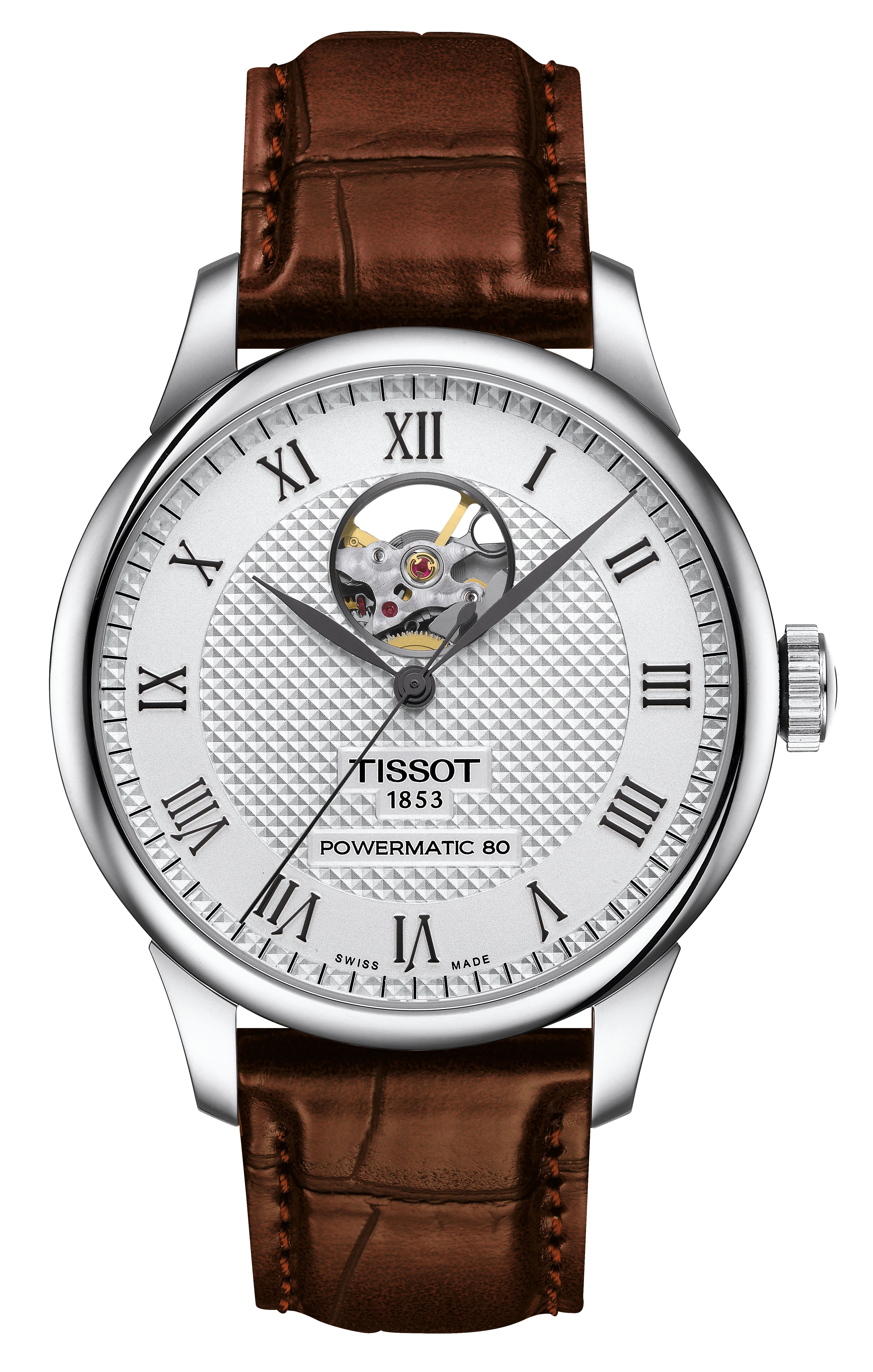 Tissot Armbanduhr T006.407.16.033.01 Le Locle Open Heart 39.3mm Automatik mit dunkelbraunem Synthetikband