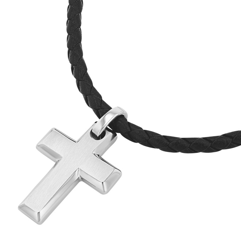 Tom Tailor Herren Halskette 2100699 Leder geflochten Schwarz mit Anhänger Kreuz Edelstahl