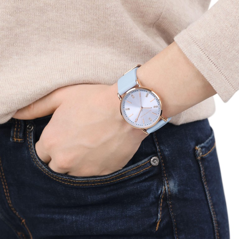 Tom Tailor Damen Armbanduhr 2100502 Roségold IP Silikonband hellblau