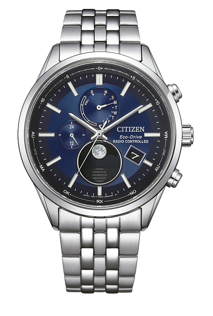 Citizen Herren Armbanduhr BY1030-50L Funk Solar mit Mondphase Edelstahl