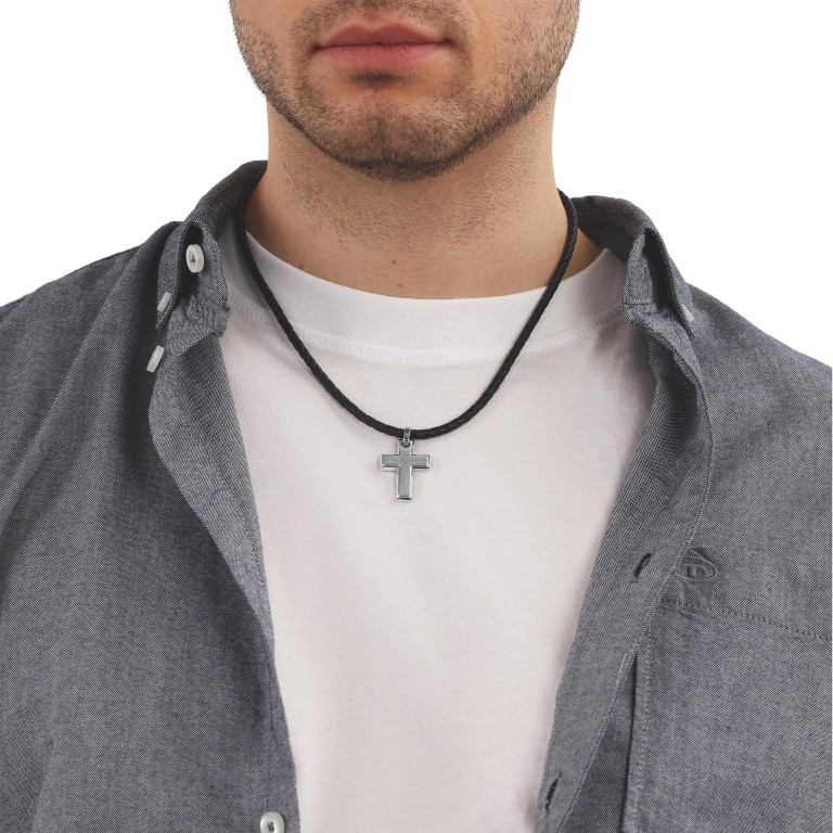 Tom Tailor Herren Halskette 2100699 Leder geflochten Schwarz mit Anhänger Kreuz Edelstahl