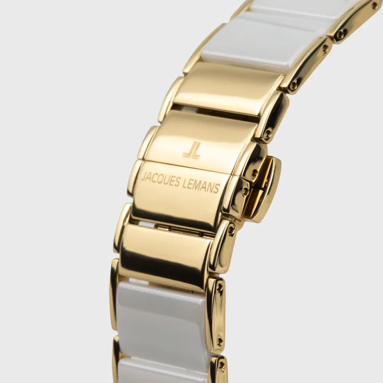 Jacques Lemans Damen Armbanduhr Dublin 1-2214D Edelstahl IP Gold Keramik weiß