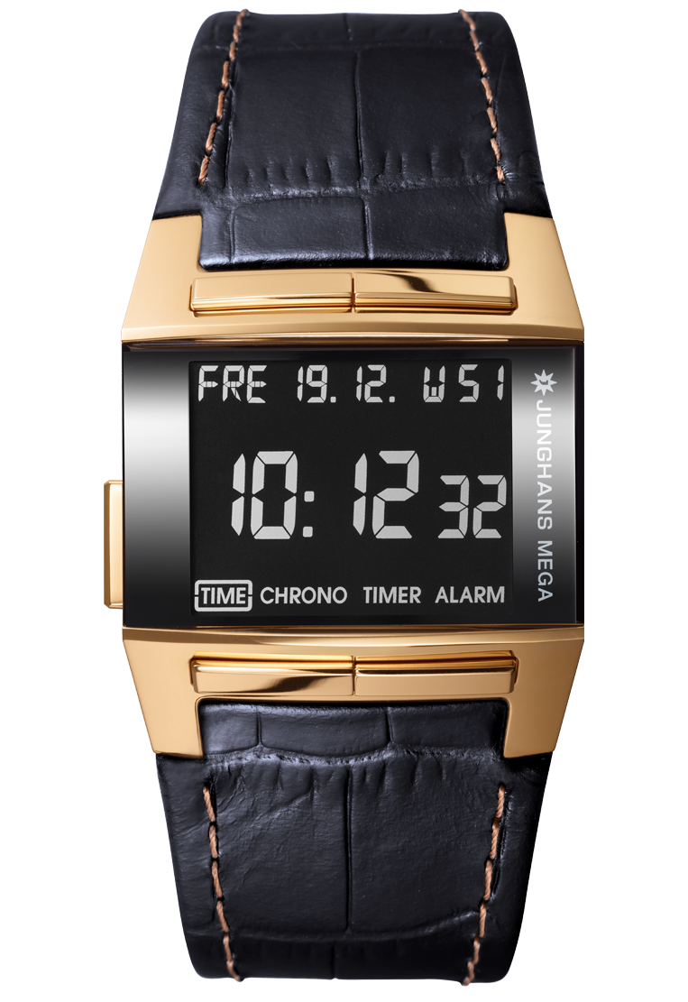 Junghans Herren Armbanduhr 026/7302.00 Mega 1000 Edelstahl Gelbgold PVD mit Lederband limited Edition