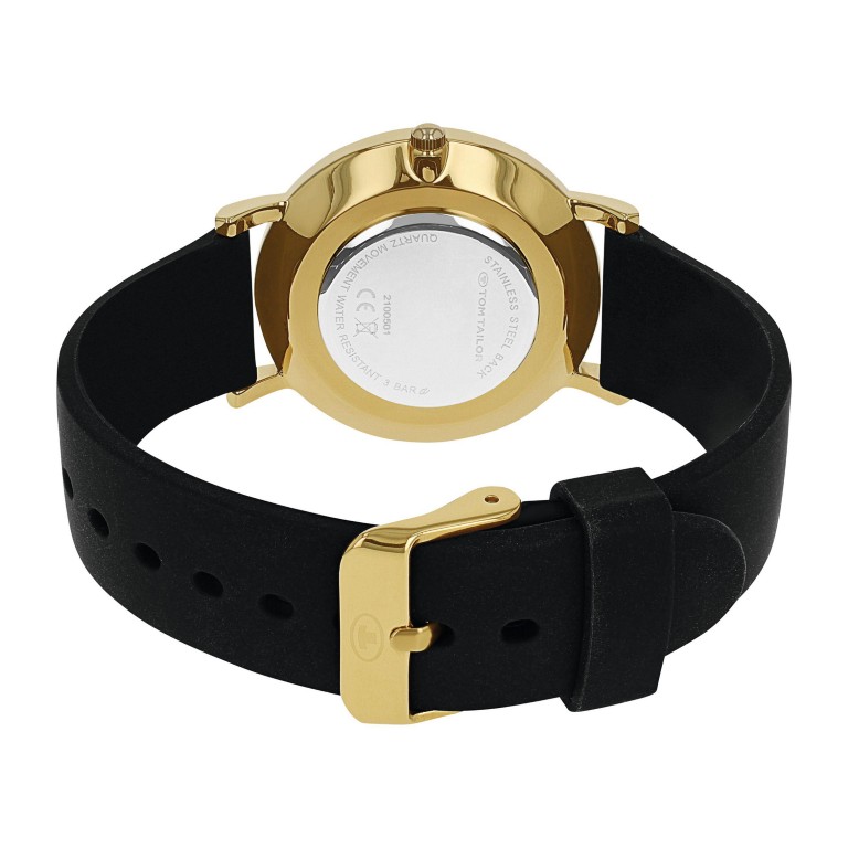 Tom Tailor Damen Armbanduhr 2100501 Gelbgold IP Silikonband schwarz